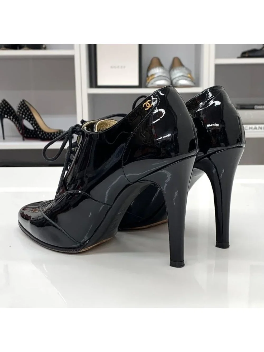 Chanel Patent CC Logo Lace-up Booties Black Boot